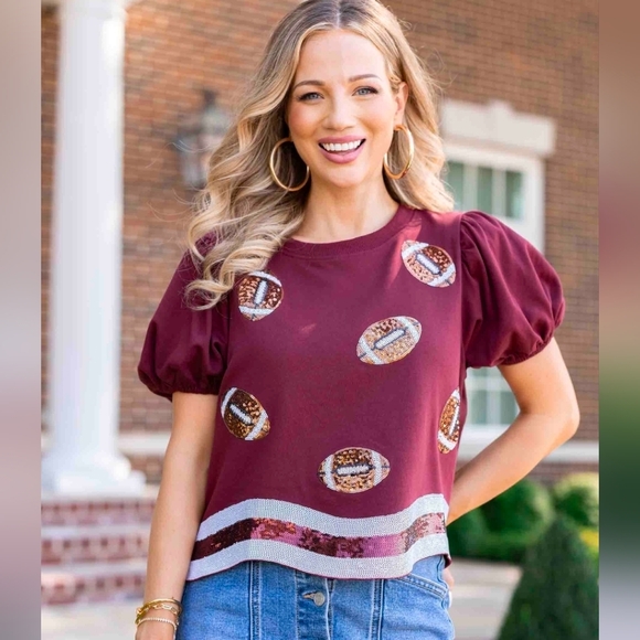 ❤️ PEACH LOVE CALIFORNIA GAME DAY SEQUIN FOOTBALL PUFF SLEEVE TOP, MEDIUM - Picture 2 of 14